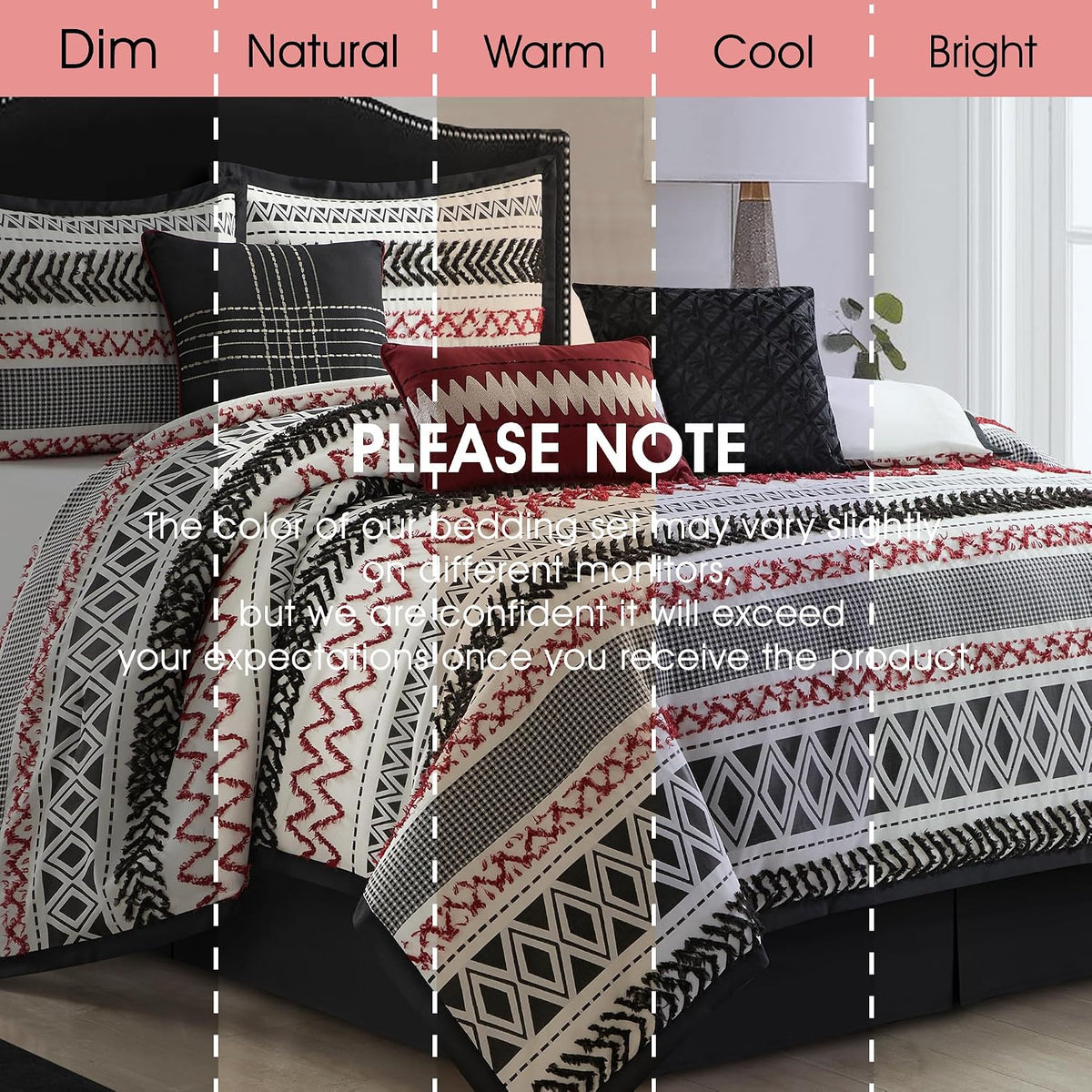 LANCO MODERN LIFESTYLE Queen Comforter Set 7 Piece, Black Red, Waffle Clipping and Sateen Jacquard Weave, Soft and Lightweight Bedding Set for All Seasons, Bedskirt, Shams and Decor Pillows
