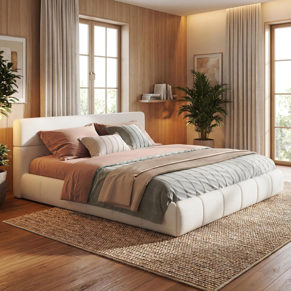 JIJIWANG King Size Upholstered Platform Bed Frame with Soft Boucle Fabric Headboard, Wooden Slats Support, No Box Spring Needed,Easy Assembly, White