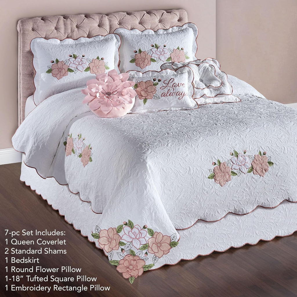 Lovington Floral Luxury Matelasse Bedding | Pink and White Velvet Flower Appliques | 7-Pc Textured Scroll Lightweight Bed Set: Oversized Queen Coverlet, Bedskirt, 2 Standard Shams, & 3 Accent Pillows