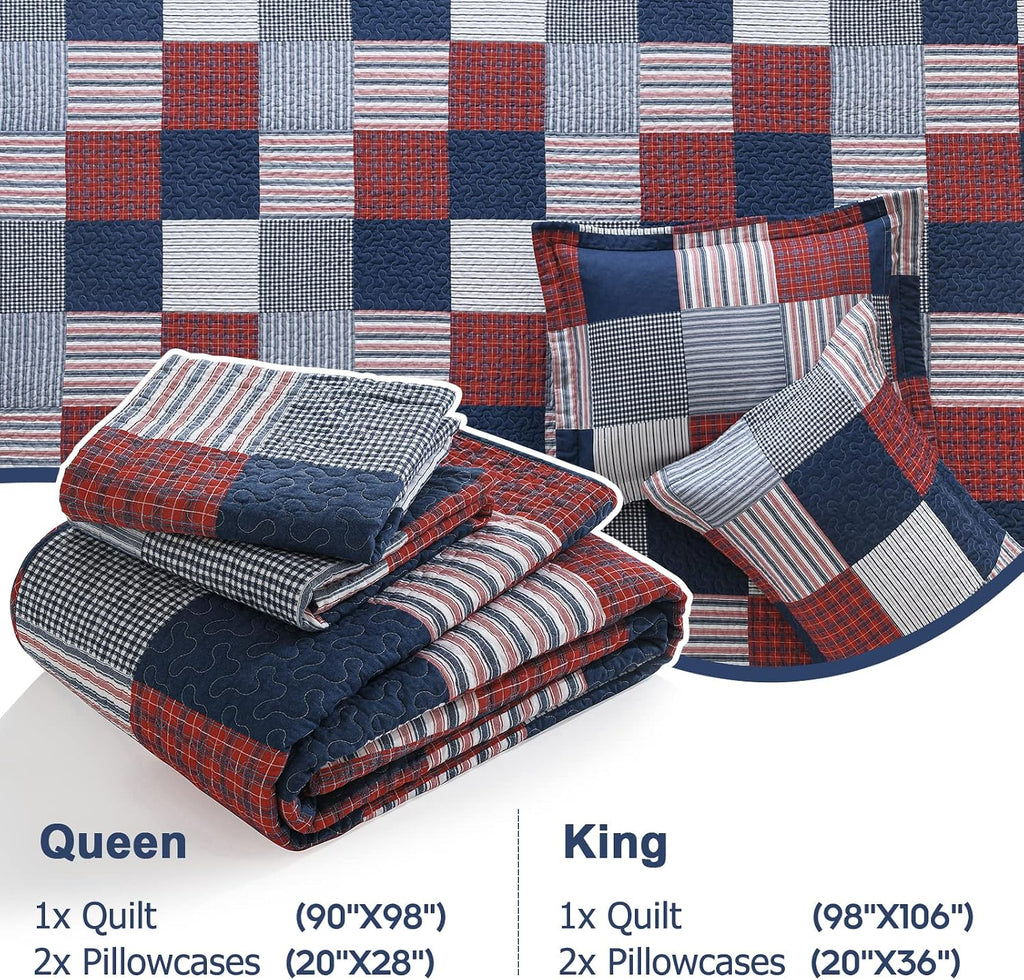 Finlonte Quilt King Size - 100% Cotton King Size Comforter Set Blue Red White Plaid Farmhouse Quilt Bedding Set, Reversible Lightweight Soft Bedspread, Quilted Coverlet All-Season, 3-Piece