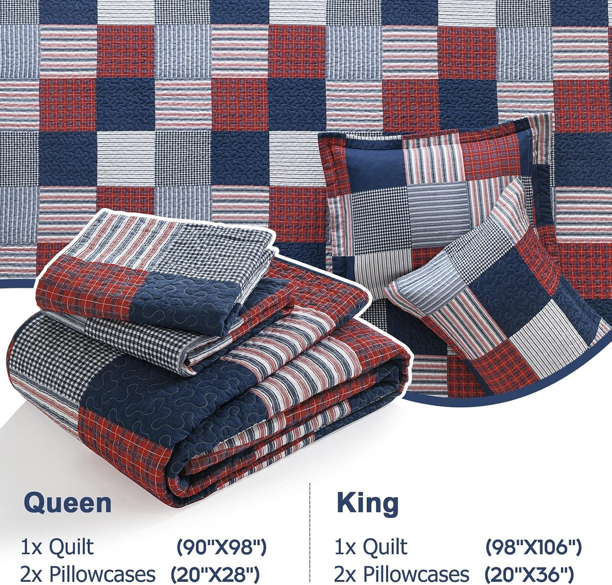 Finlonte Quilt King Size - 100% Cotton King Size Comforter Set Blue Red White Plaid Farmhouse Quilt Bedding Set, Reversible Lightweight Soft Bedspread, Quilted Coverlet All-Season, 3-Piece