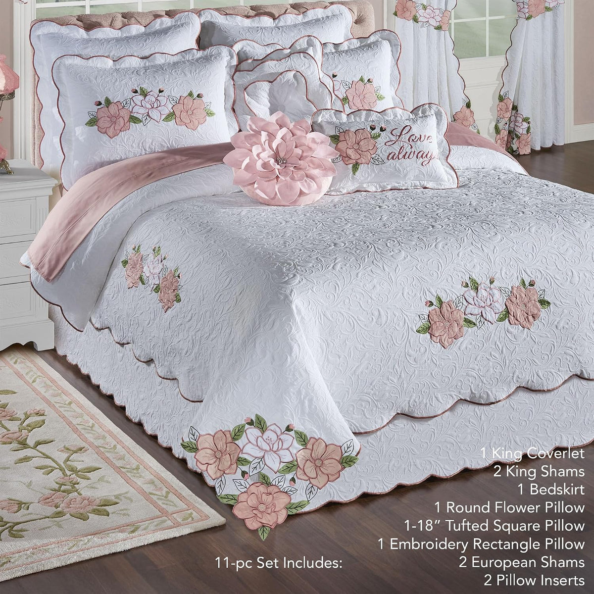 Lovington Floral Luxury Matelasse Bedding | Pink and White Velvet Flower Appliques | 11-Pc Bed Set: Oversized King Coverlet, Bedskirt, 2 King Shams, 2 Euro Shams, 2 Euro Inserts, & 3 Accent Pillows