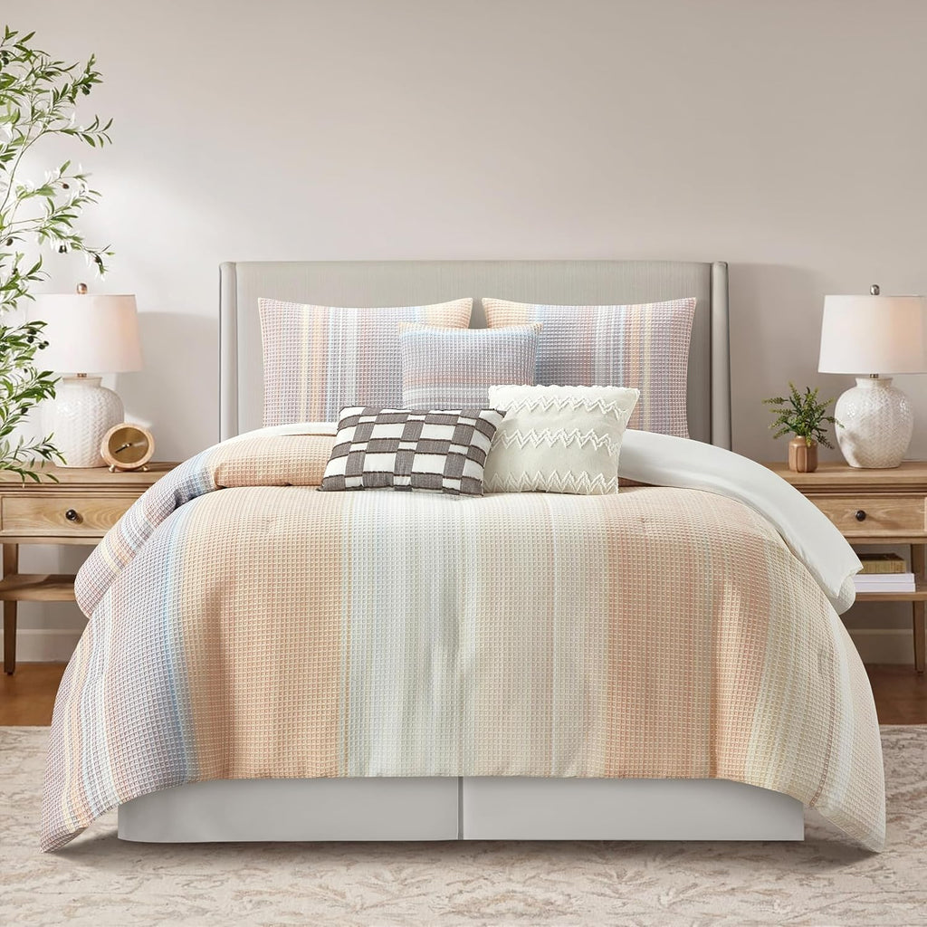 Grand Avenue Pink Waffle Jacquard Comforter Set King Size, 7 Piece Striped Bedding Set, All Season Home Decor, Matching Pillow Shams, Bedskirt, Decorative Pillows