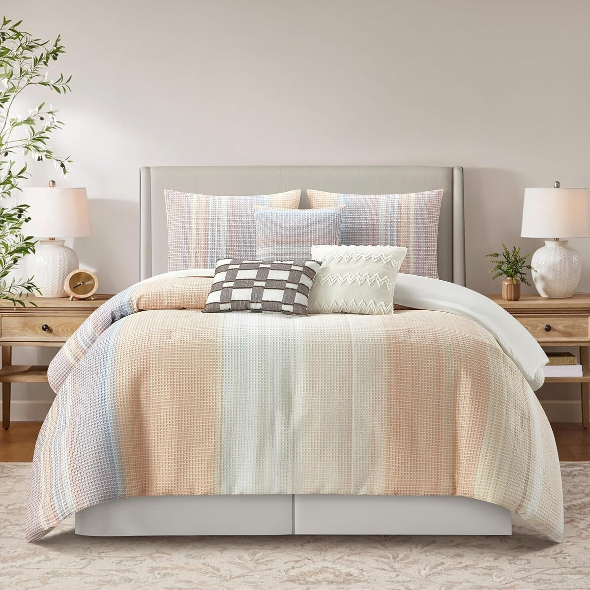 Grand Avenue Pink Waffle Jacquard Comforter Set King Size, 7 Piece Striped Bedding Set, All Season Home Decor, Matching Pillow Shams, Bedskirt, Decorative Pillows