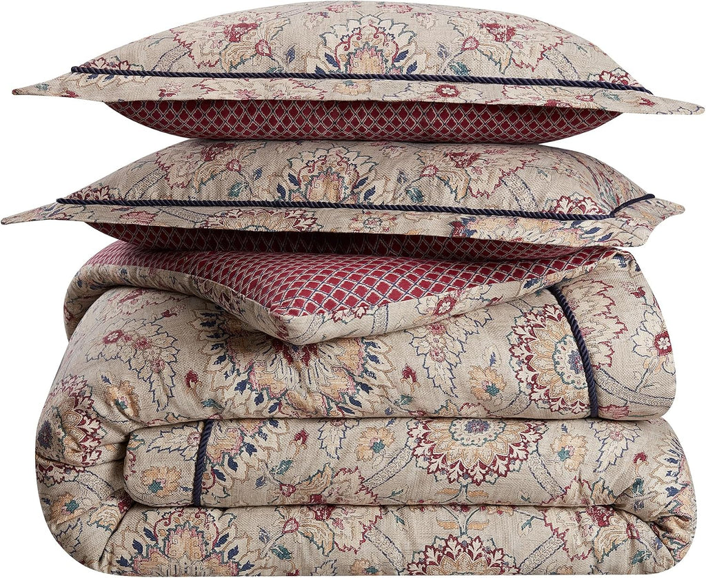Waverly Oxford Damask 4 Piece Cotton Comforter Set, Embellished All Season Bedding, Includes One Comforter, One Bed Skirt and Two Pillow Shams, Machine Washable Queen Bed Set, Beige & Maroon