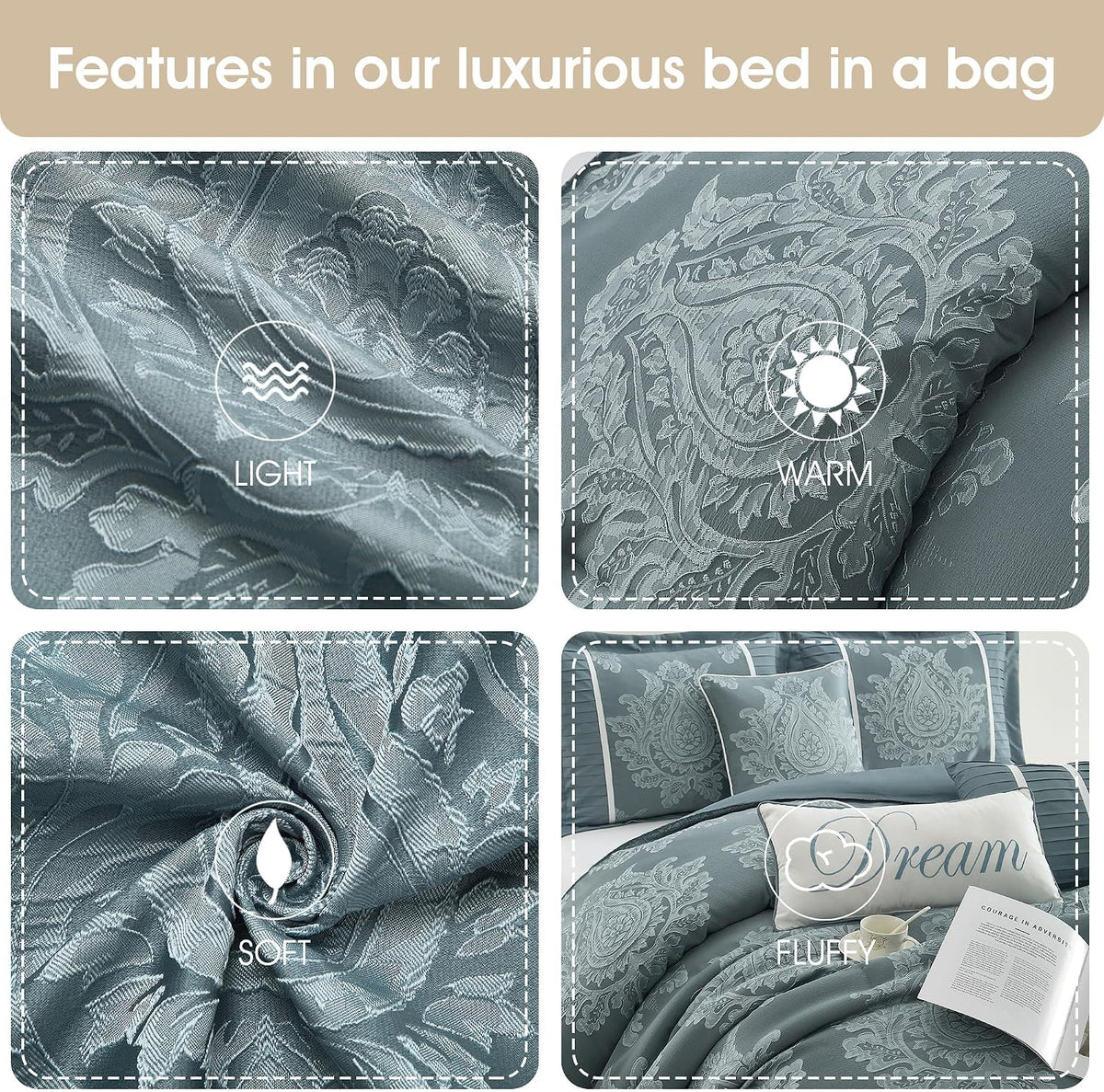 Grand Avenue Blue Damask Patchwork King Size Comforter Set, 7 Piece, Jacquard with Matching Solid Piecework Bedding Set, All Season, Bedskirt, Pillows & Shams