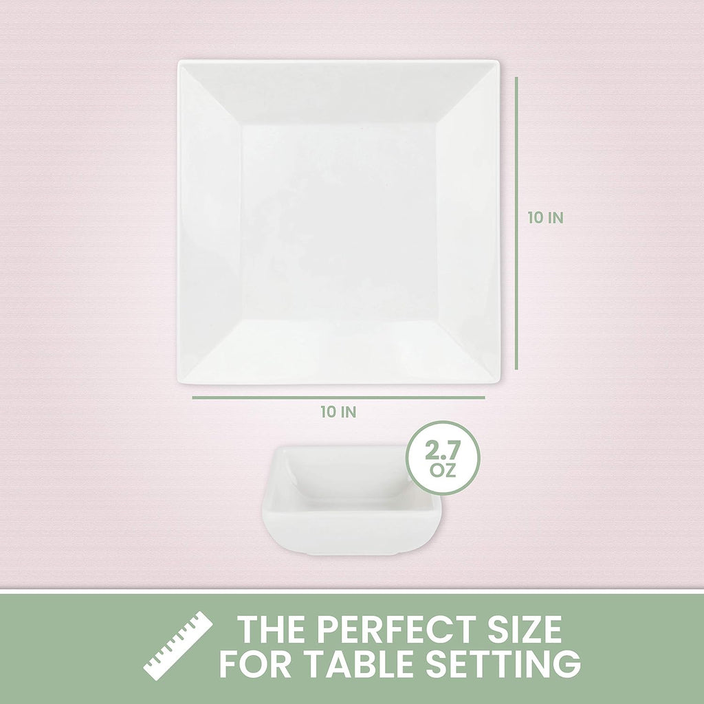 [6 x 4 Pack] 10' x 10' White Square Melamine Plates, Unbreakable Elegant Dinnerware Set With Sauce Dish