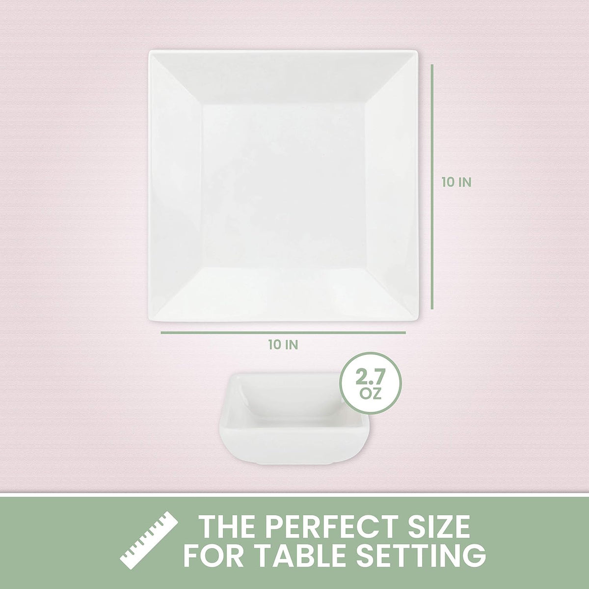[6 x 4 Pack] 10' x 10' White Square Melamine Plates, Unbreakable Elegant Dinnerware Set With Sauce Dish