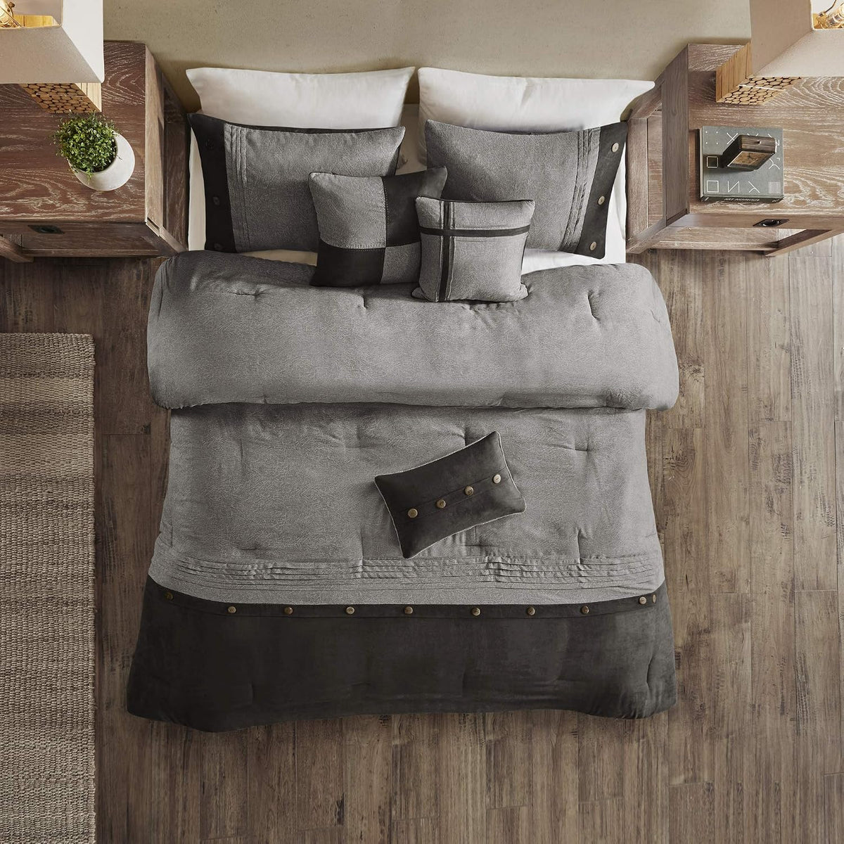 Madison Park Boone Cozy Comforter Set, Faux Suede, Deluxe Hotel Styling All Season Down Alternative Bedding Matching Shams, Decorative Pillow, King (104 in x 92 in), Rustic Grey 7 Piece Dark Grey 7pcs