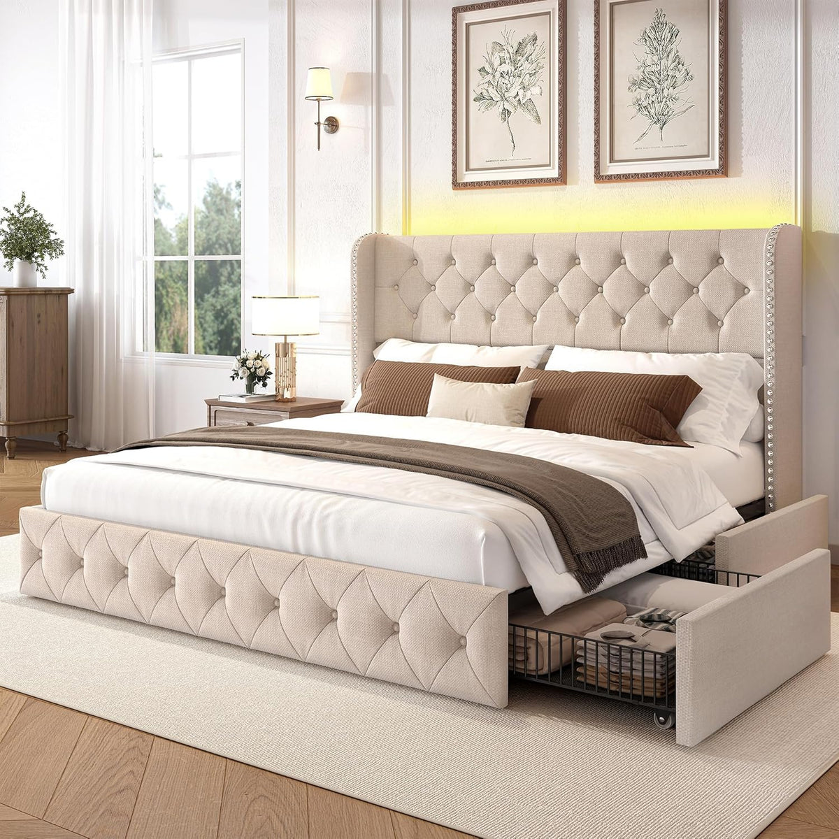LARMACE King Size Bed Frame with LED Lights and 4 Storage Drawers Linen Upholstered Platform Bed Frame with 47.2' Tall Tufted Headboard Wingback, No Box Spring Needed, Easy to Assemble, Beige