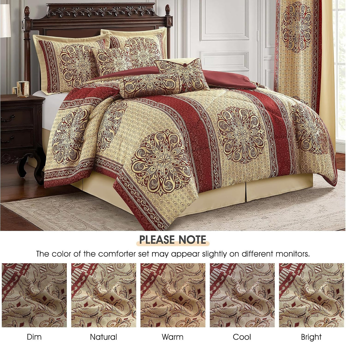 LANCO MODERN LIFESTYLE California King Comforter Set, Wine Gold Medallion Jacquard Design, Luxurious Bohemian 9 Pieces Bedding Set with Curtains, Decorative Pillows and Bed Skirt