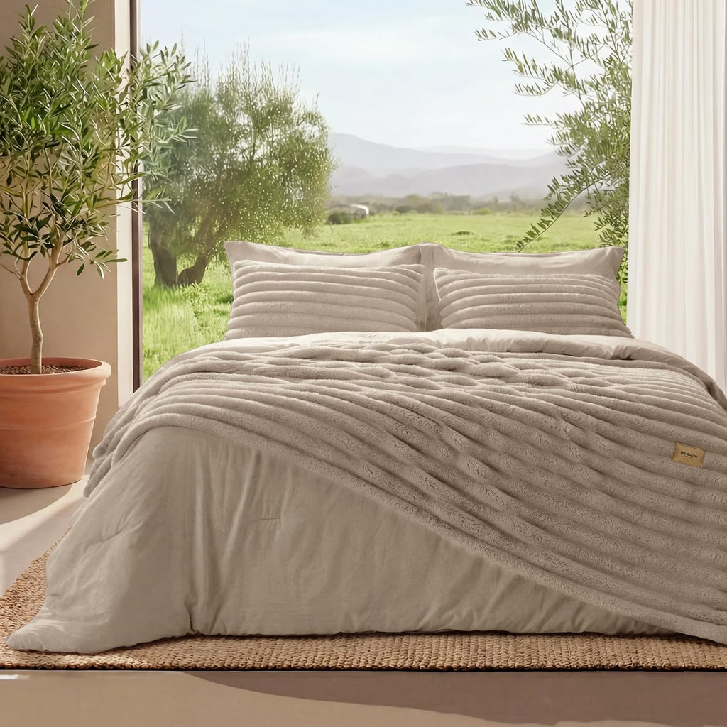 Bedsure Gentlesoft™ 2-in-1 Oversized King Comforter Set and Detachable Fluffy Blanket, Beige Bedding Set for All Season Use, Detachable Design for Space Saving (Includes 2 Pillow Shams, 2 Pillowcases)