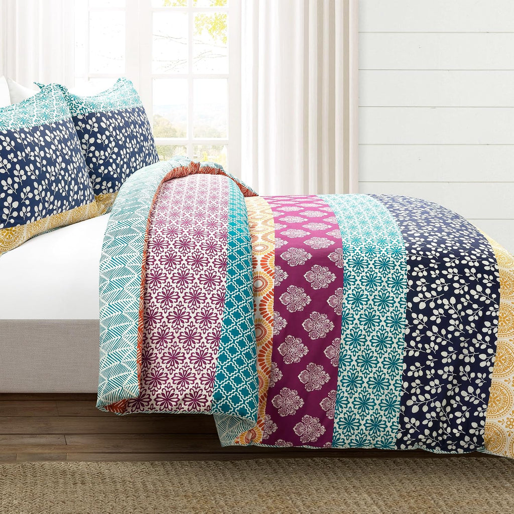 Lush Decor Bohemian Stripe Reversible Cotton Duvet Cover Set, 3 Piece Set, King, Fuchsia & Orange -Striped Bedding Set - King Duvet Set - Boho Decor