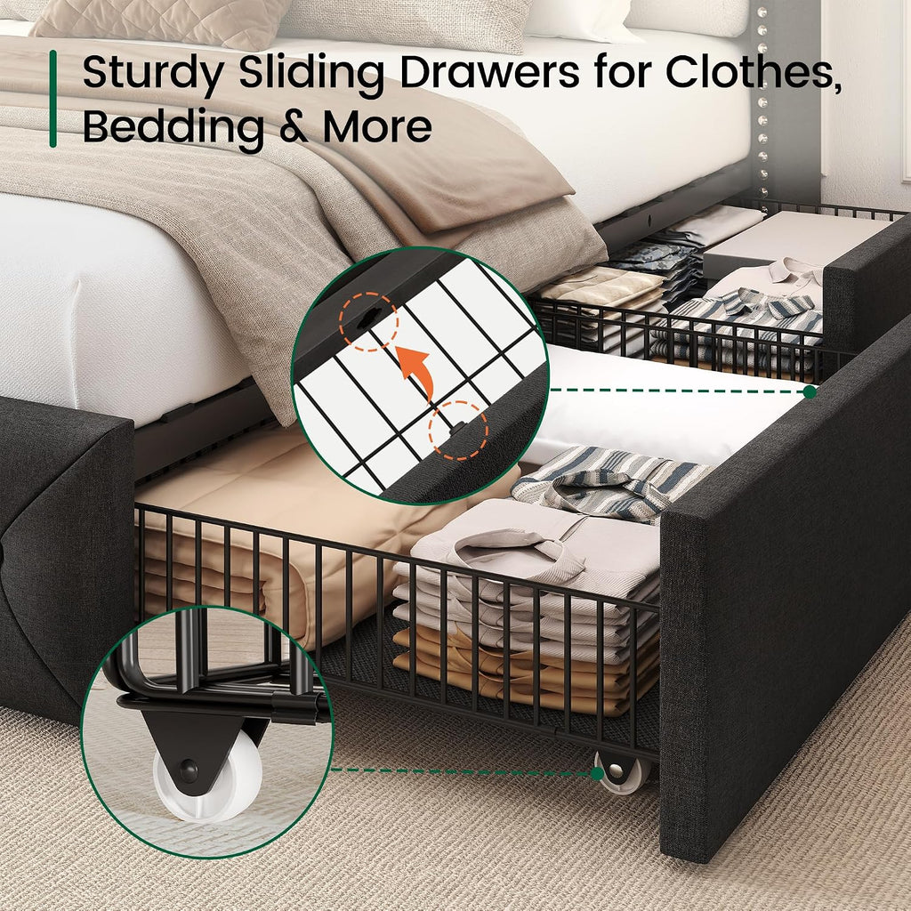 LARMACE King Size Bed Frame with LED Lights and 4 Storage Drawers Linen Upholstered Platform Bed Frame with 47.2' Tall Tufted Headboard Wingback, No Box Spring Needed, Easy to Assemble, Dark Grey