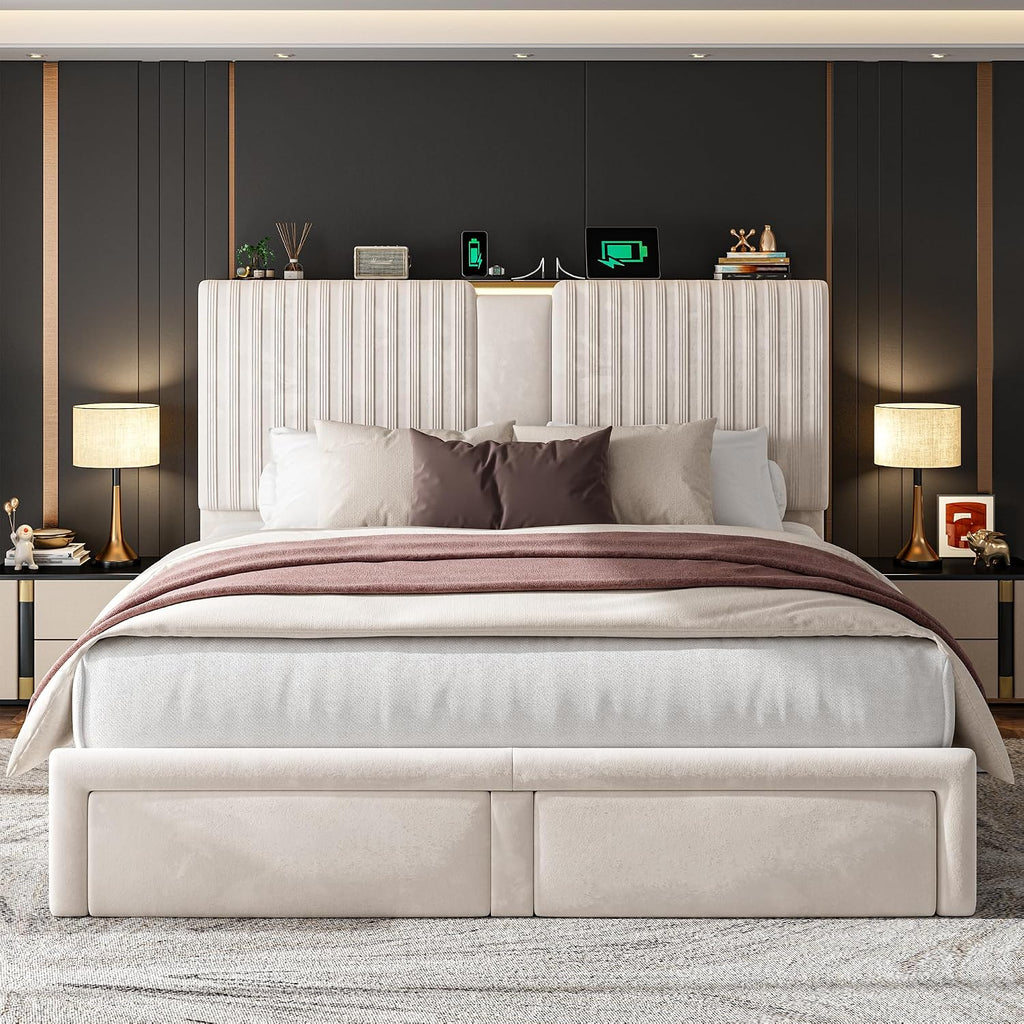 Homkdom Queen Bed Frame with 2 Drawers and 51.3''Tall Headboard, Velvet Platform Storage Bedframe with 3 Charging Ports and Wooden Slats Support, No Box Spring Needed, Beige