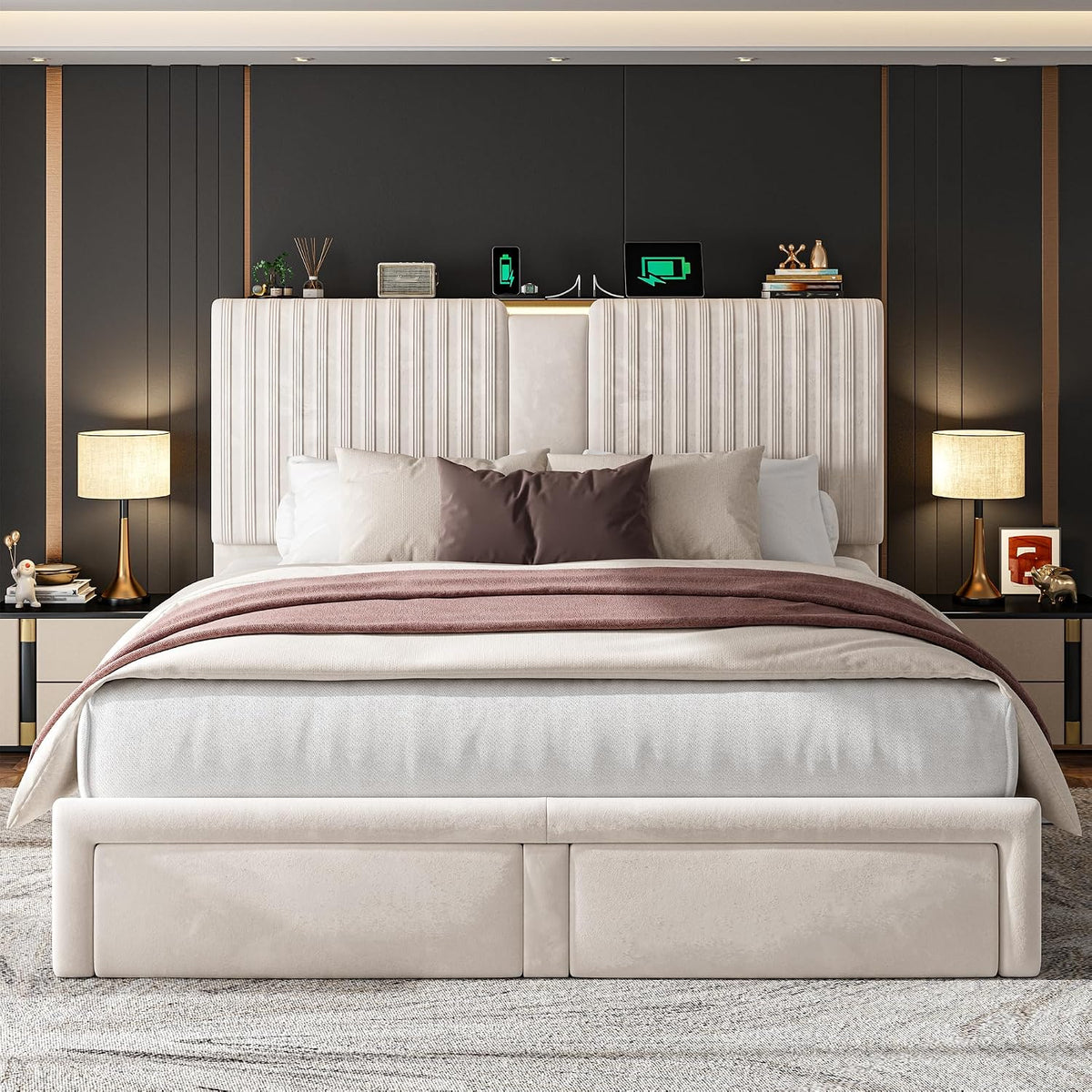 Homkdom Queen Bed Frame with 2 Drawers and 51.3''Tall Headboard, Velvet Platform Storage Bedframe with 3 Charging Ports and Wooden Slats Support, No Box Spring Needed, Beige