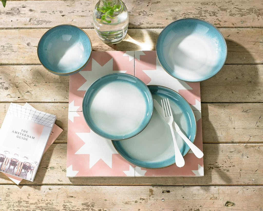 Denby - Azure Haze Blue Pasta Bowls Set of 4-1050ml Large Stoneware Ceramic Bowls For Pasta Dishes - Dishwasher Safe, Microwave, Freezer Safe - Blue, White Reactive Gradient Glaze - Chip Resistant