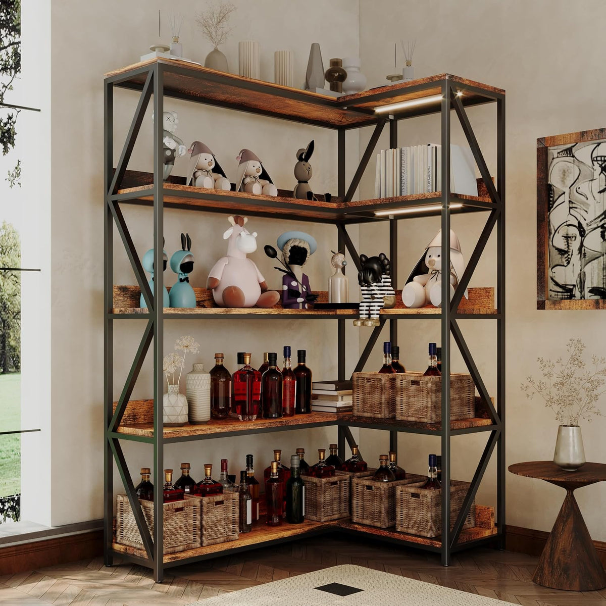 Corner Bookshelf with Light, Indoor Plant Bookcase with Grow Light L Shaped 5 Tier Tall Corner Shelf LED Display Shelves, Vintage Industrial Rotating Bookshelves Metal and Wood Book Shelf
