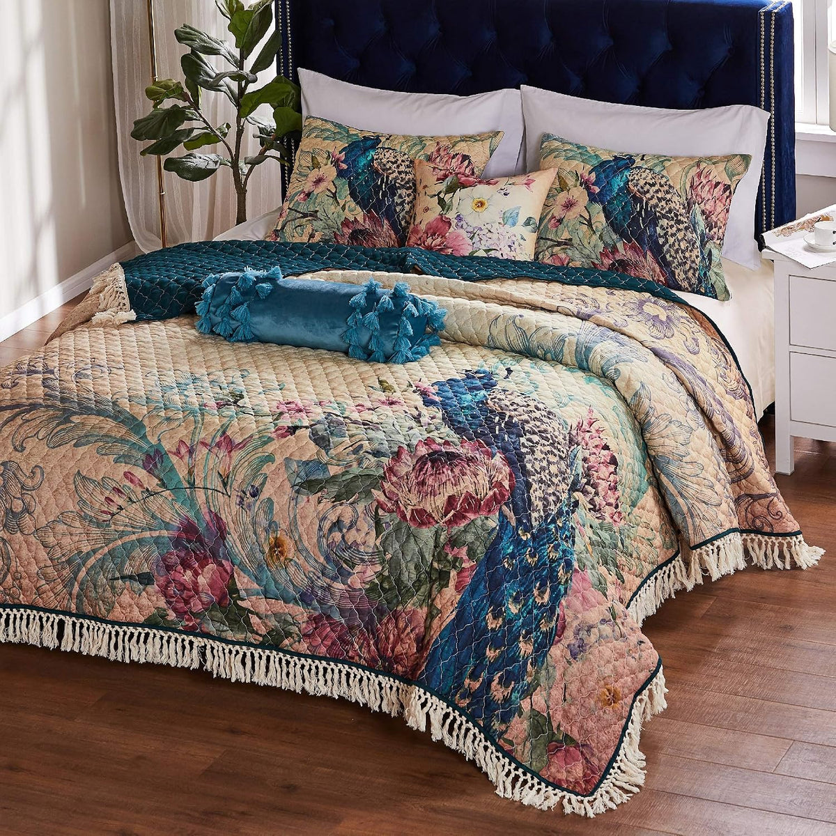 Greenland Home Fashions Ultra-Soft, Reversible, Brushed Microfiber Quilt Set, 3-Piece King/Cal King, Eden Peacock