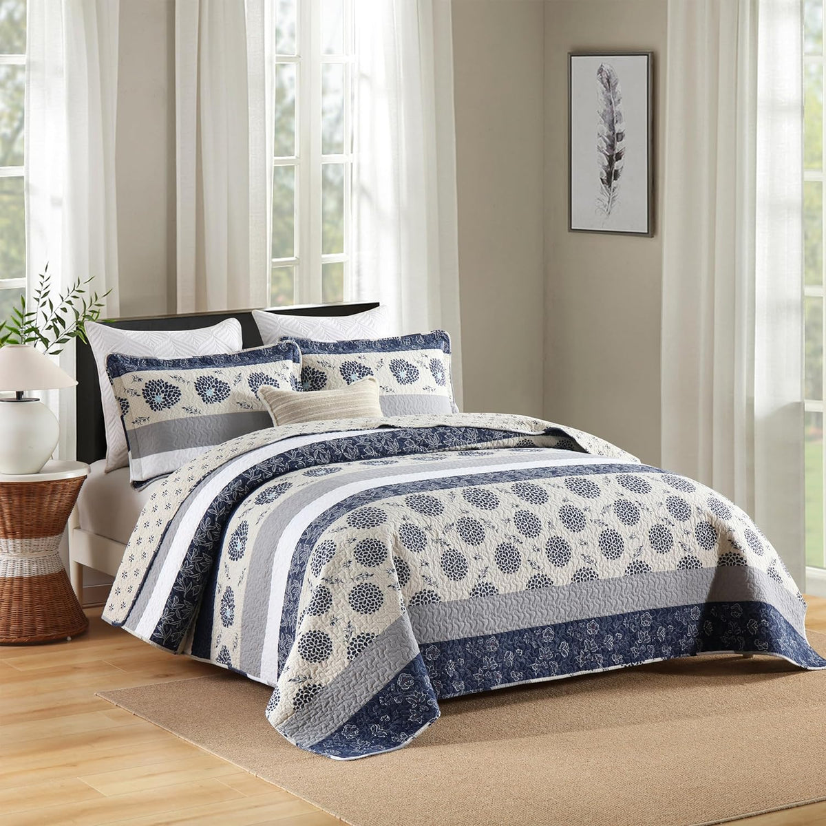 Homzard Quilt Queen Size - Queen Comforter Set,Navy Blue Beige Grey All Cotton Quilted Bedspread Set,Striped Floral Pattern Quilt,Lightweight Paisley 3 Piece Bedding,All Seasons