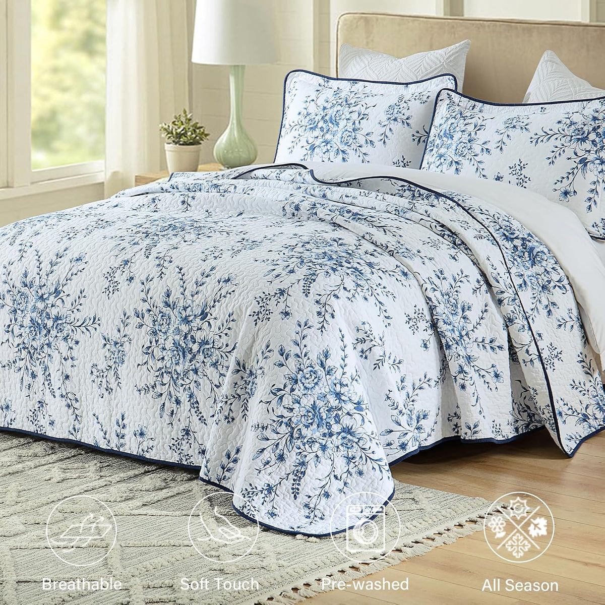 Finlonte Quilt King Size 100% Cotton Lightweight Soft King Quilt Vintage Botanical Quilted Bedspread White Blue Floral Reversible Quilt Bedding Set 3 Pieces