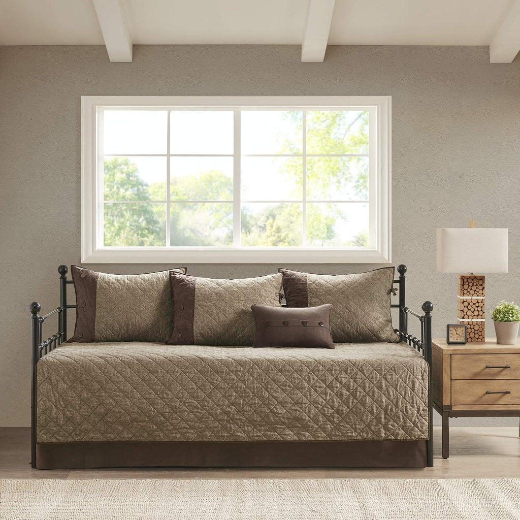Madison Park Daybed Cover Set - Trendy Design, All Season Luxury Bedding with Bedskirt, Matching Shams, Decorative Pillow, Diamond Quilted Faux Suede Reversible Brown 75'x39' 6 Piece