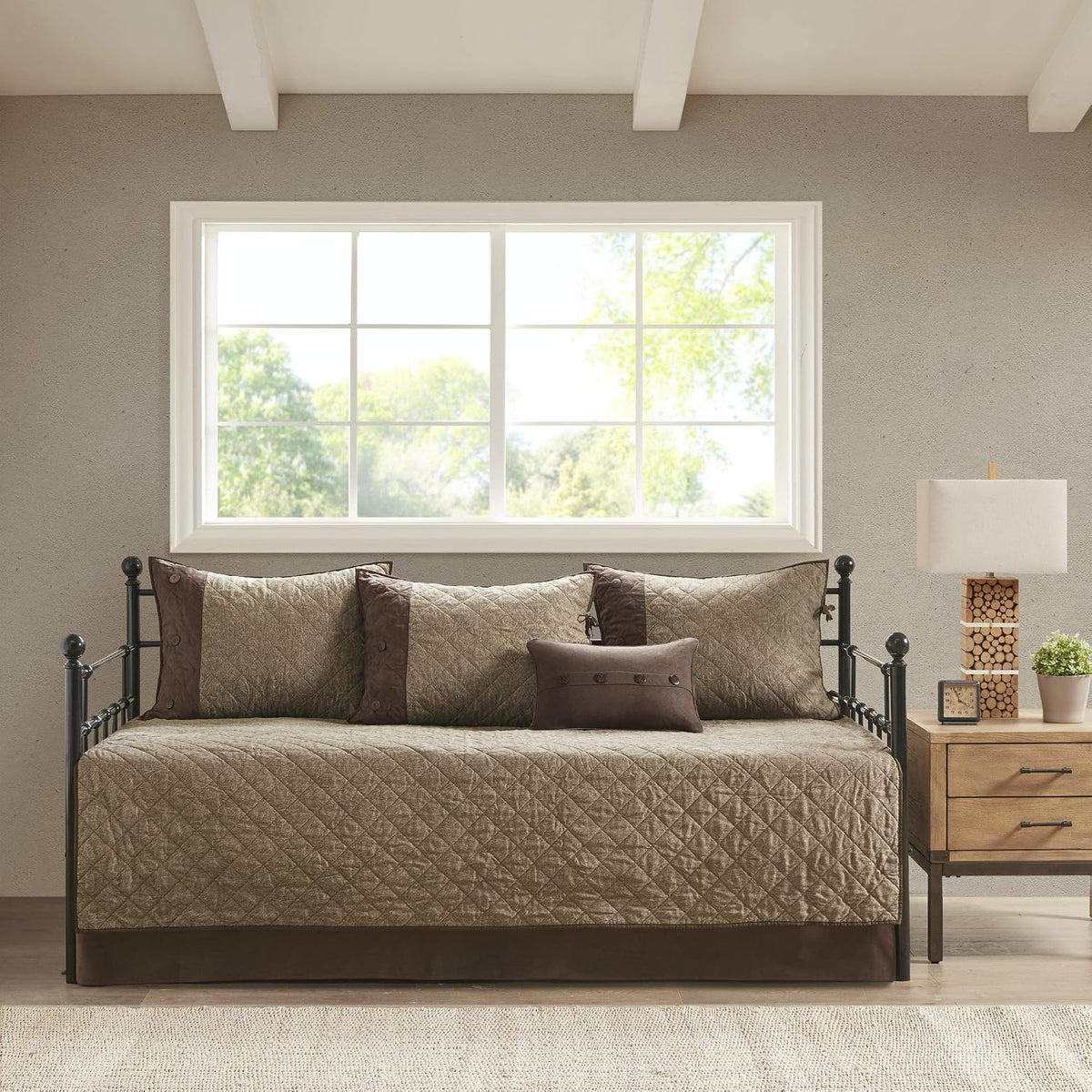 Madison Park Daybed Cover Set - Trendy Design, All Season Luxury Bedding with Bedskirt, Matching Shams, Decorative Pillow, Diamond Quilted Faux Suede Reversible Brown 75'x39' 6 Piece