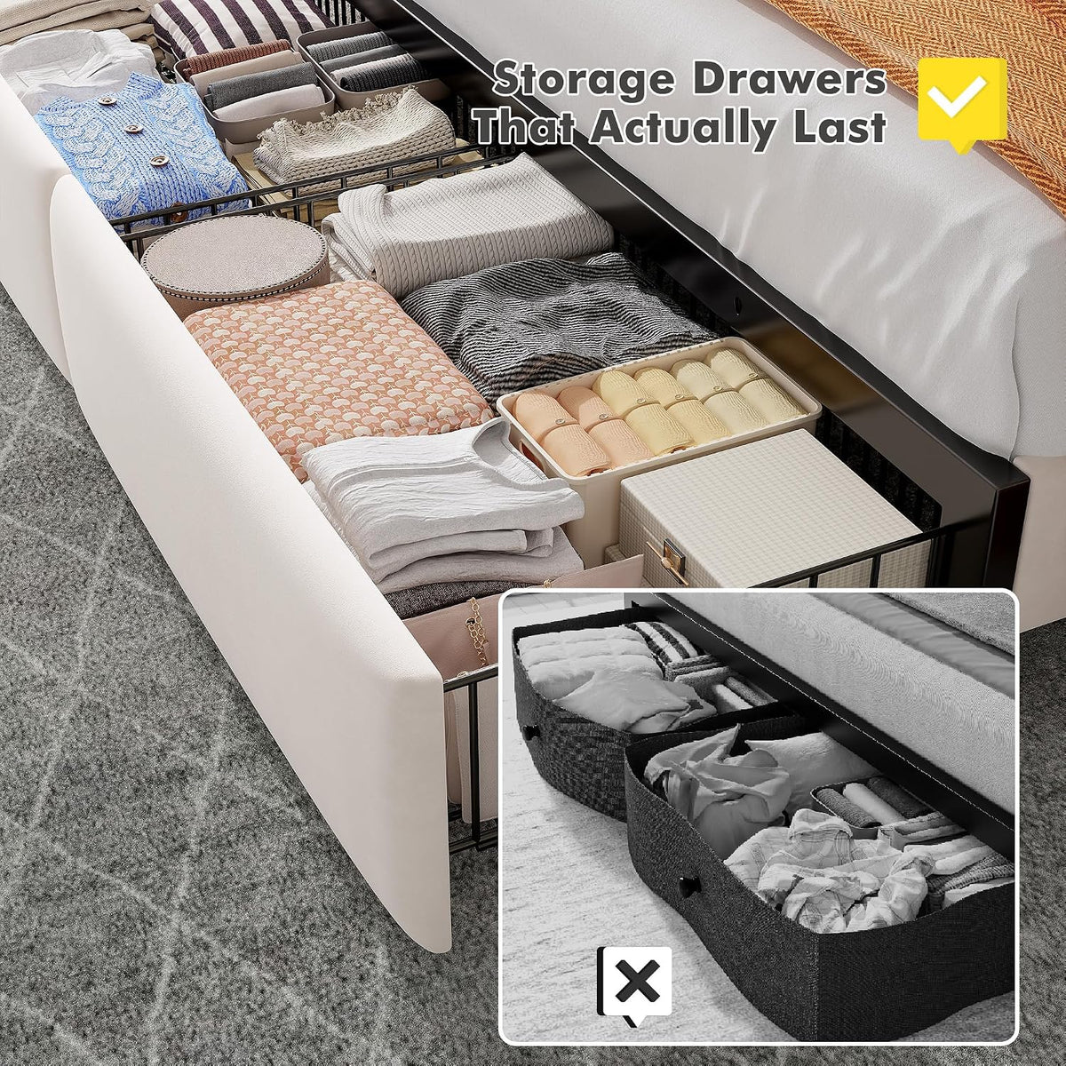 EnHomee Queen Bed Frame with 2 Drawers, Upholstered Headboard with Charging Station, Button Tufted Velvet Bed Frame and LED Lights, No Box Spring Needed,Easy Assembly，Beige