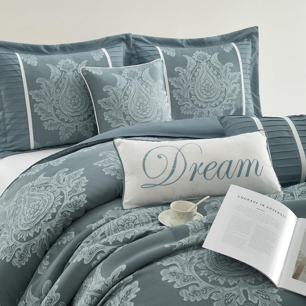 Grand Avenue Blue Damask Patchwork King Size Comforter Set, 7 Piece, Jacquard with Matching Solid Piecework Bedding Set, All Season, Bedskirt, Pillows & Shams