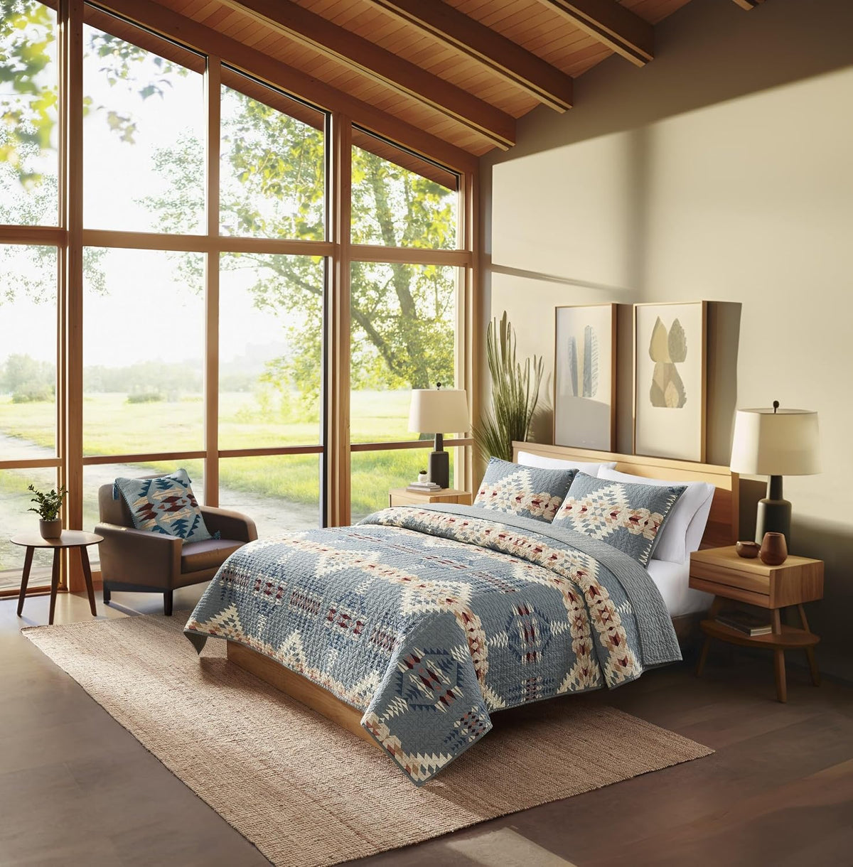 Pendleton King Quilt Set – 100% Cotton 3 Piece Quilt Set with Shams, Soft Lightweight Bedding for King Size Bed, Light Blue Patterned Comforter Alternative, King Bedding Set (Rancho Arroyo)