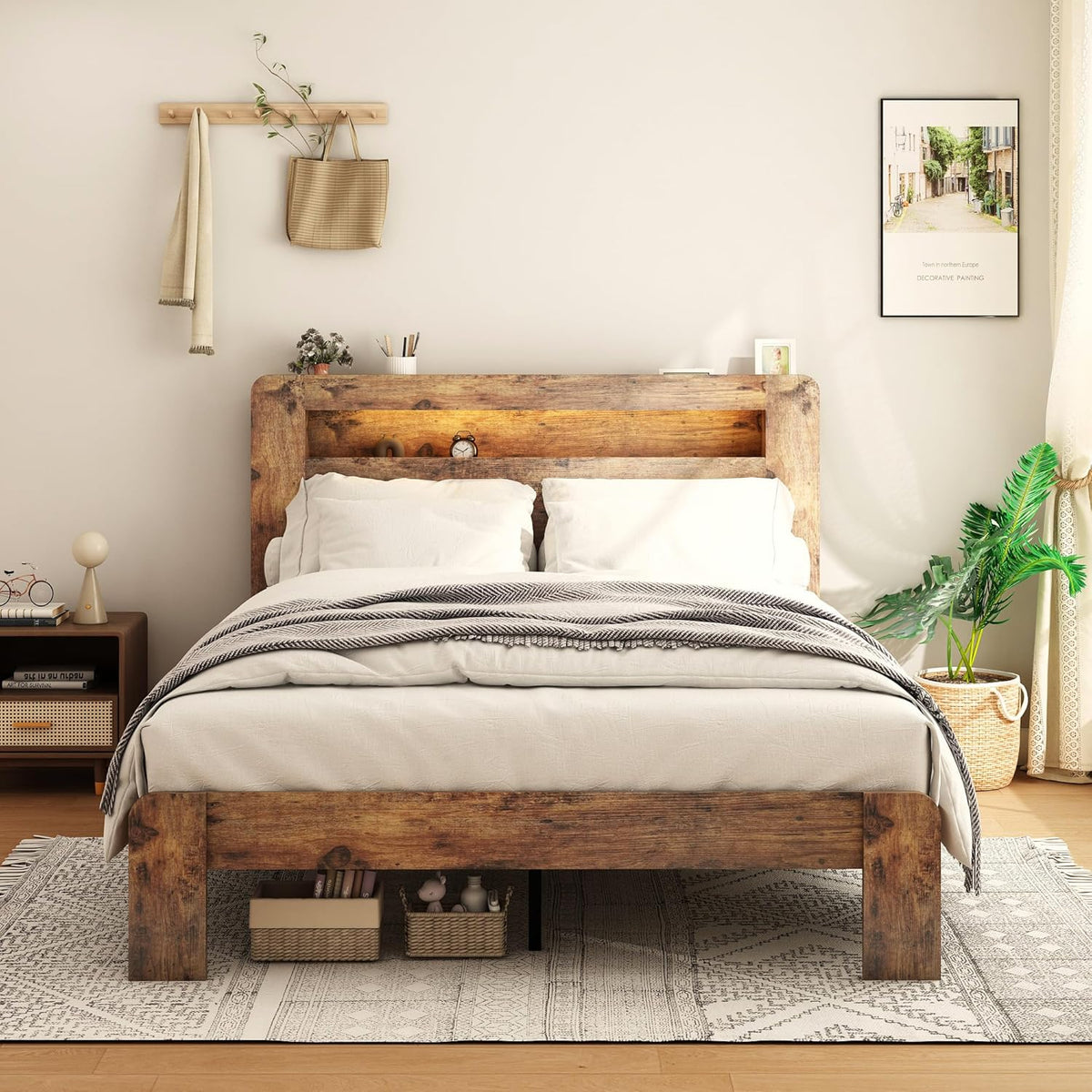 Ball & Cast Full Size Bed Frame with Storage Headboard,Wood Platform Full Bed with LED Light & USB Port,Noise Free,No Box Spring Needed,Easy Assembly,Dark Brown