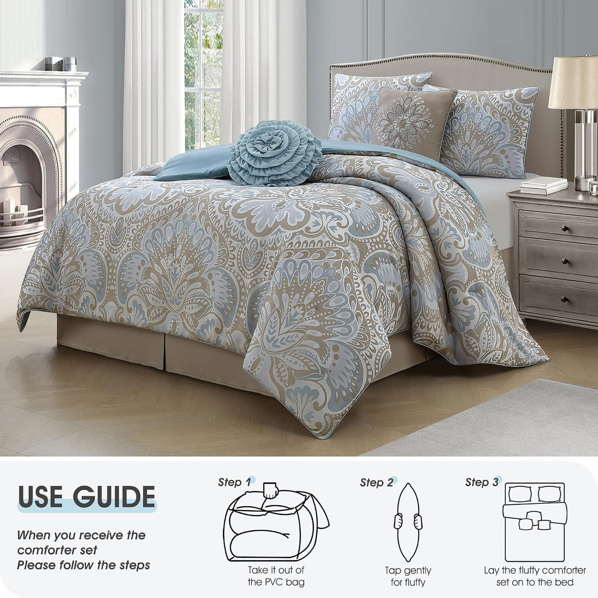 LANCO MODERN LIFESTYLE Blue Gold 6 Piece Comforter Set, Queen, Elegant Floral Jacquard, Ultra Soft Bed Set for All Seasons, Bed in a Bag, Include Comforter, Bed Skirt, Pillow Shams & Decor Pillows