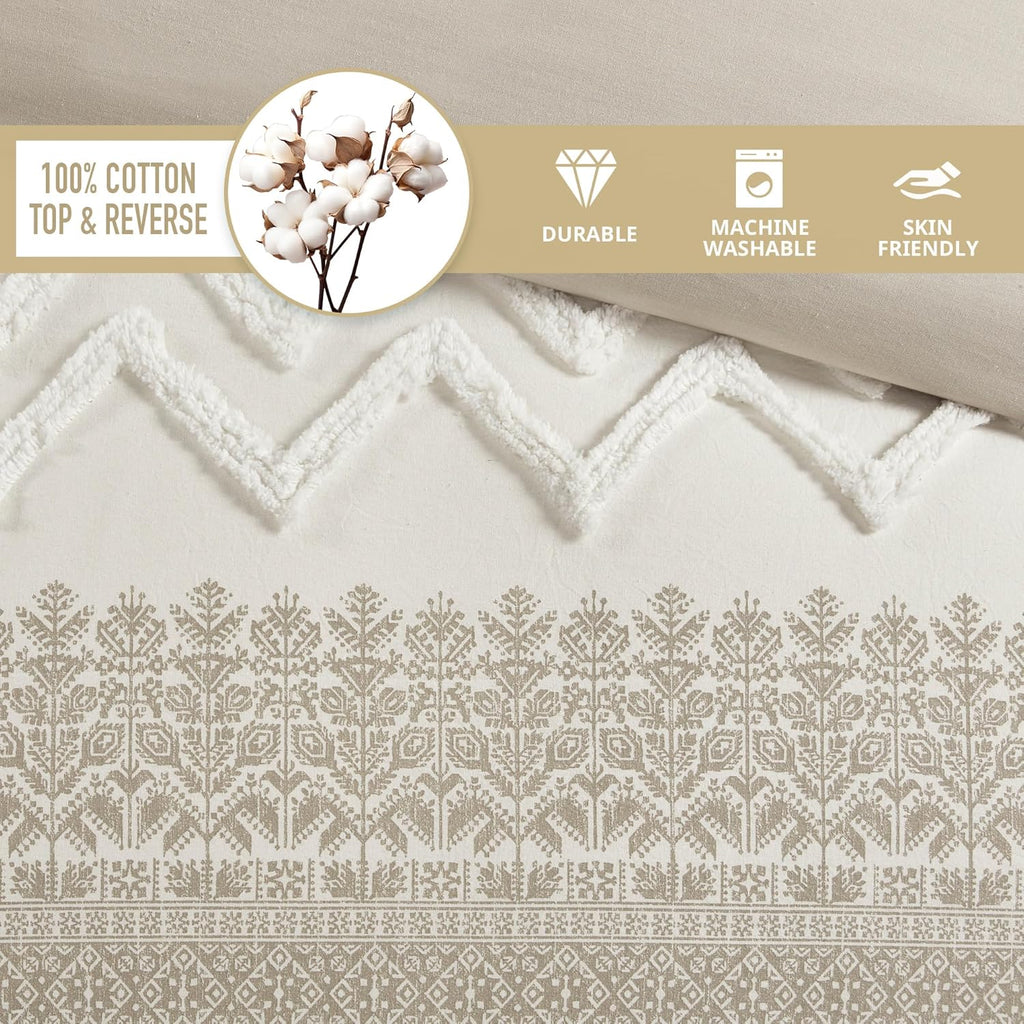 Ink+Ivy King Comforter Set, Chic Chevron Chenille Tufting Accent, Boho Comforters, All Season, Lightweight Cotton Comforter Bedding, 2 Shams, Mila, Cal Taupe 3 Piece