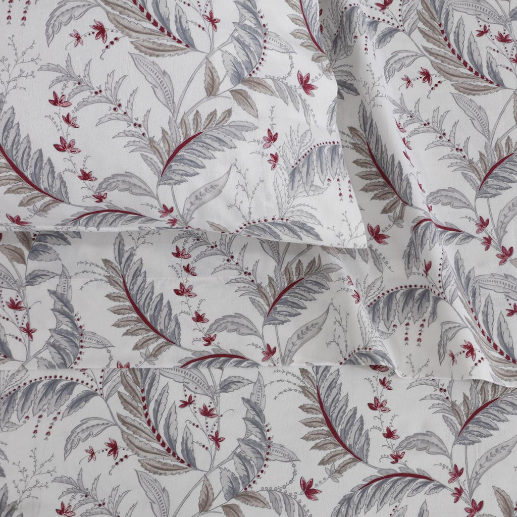 Tribeca Living Portuguese Cotton Flannel Sheets Queen Size - 170-GSM Deep Pocket Bed Sheet Set for Mattresses up to 21 Inches - 4 Piece Ultra-Soft Printed Bedding in Chiara Leaves