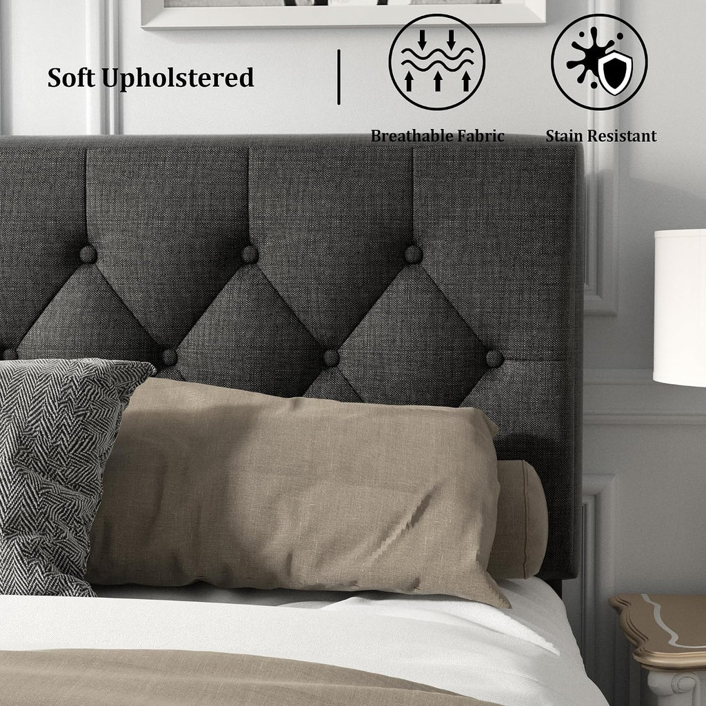HAOARA Full Size Platform Bed Frame with Upholstered Button Tufted Headboard, Mattress Foundation with Wooden Slat Support, Noise Free, No Box Spring Needed, Easy Assembly, Dark Grey