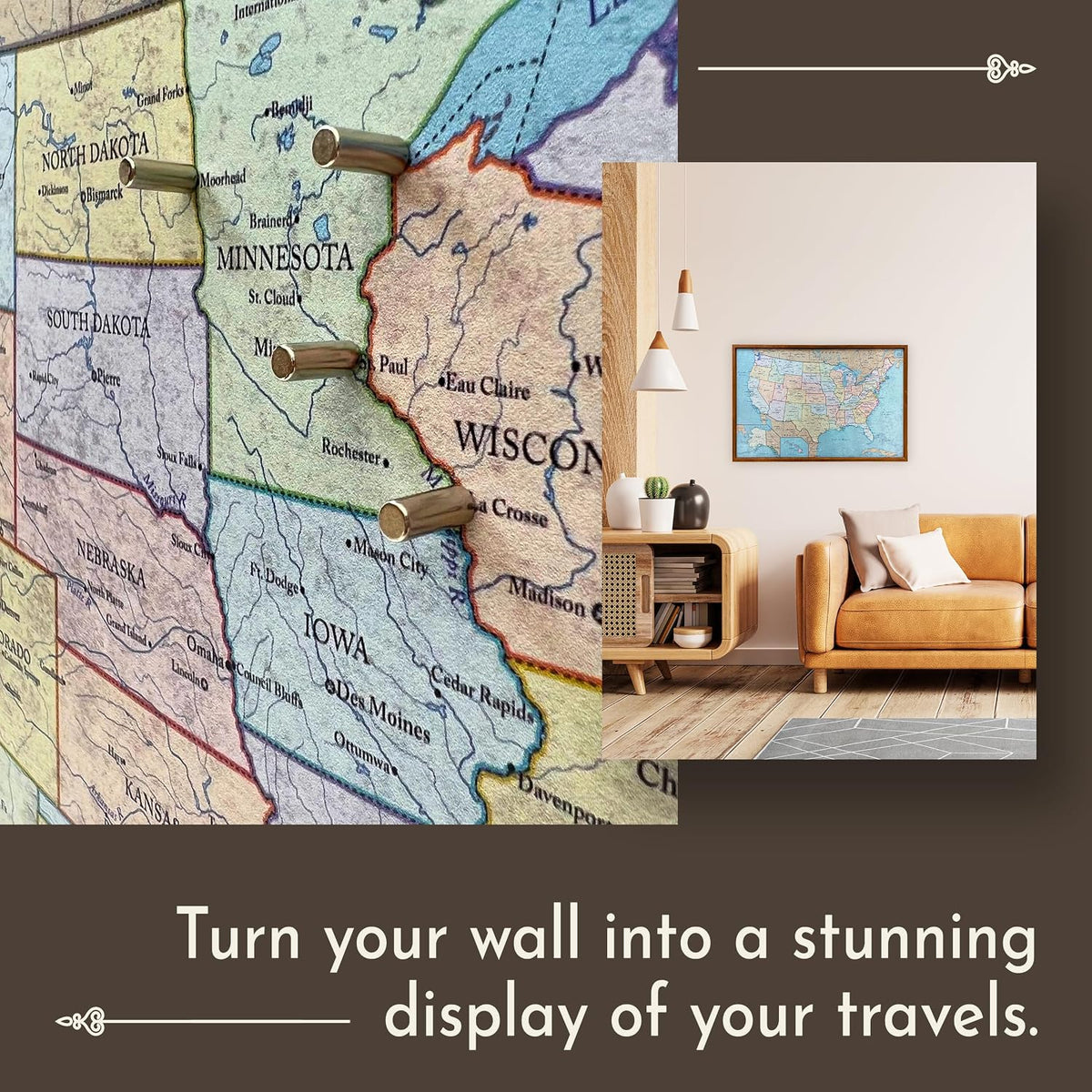 Wall Things Co. Large USA Push Pin Travel Map and Picture Frame, Mark Places Traveled, United States Magnetic Metal Poster, Political Antique Color, 36x24 Inches