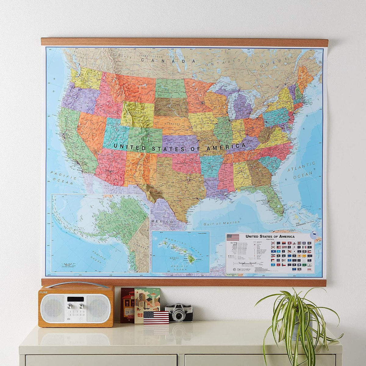 Maps International Large Political USA Wall Map - Laminated with Wooden Hanging Bars - 39 x 47