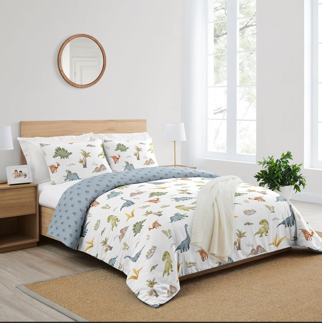 Sweet Jojo Designs Watercolor Dinosaur Dino Boy Queen Comforter Set Full Size Bedding Kids Teen Adult Bed Room 3p Green Slate Blue White Modern Dinosaurs Jurassic Nature Animal Steel Turquoise Yellow