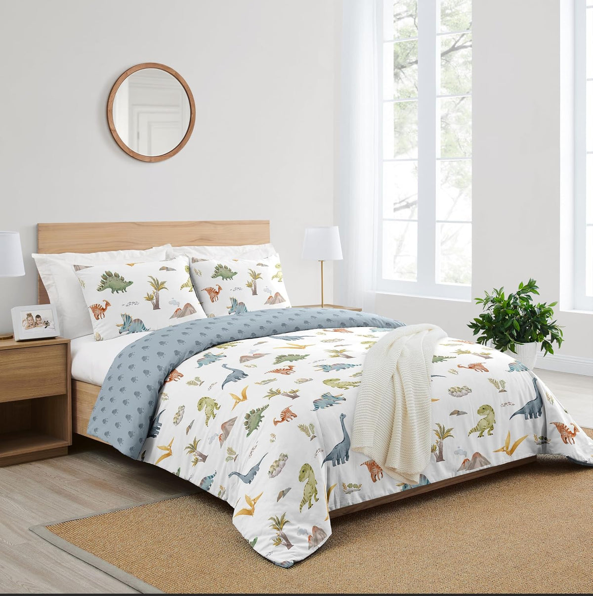 Sweet Jojo Designs Watercolor Dinosaur Dino Boy Queen Comforter Set Full Size Bedding Kids Teen Adult Bed Room 3p Green Slate Blue White Modern Dinosaurs Jurassic Nature Animal Steel Turquoise Yellow
