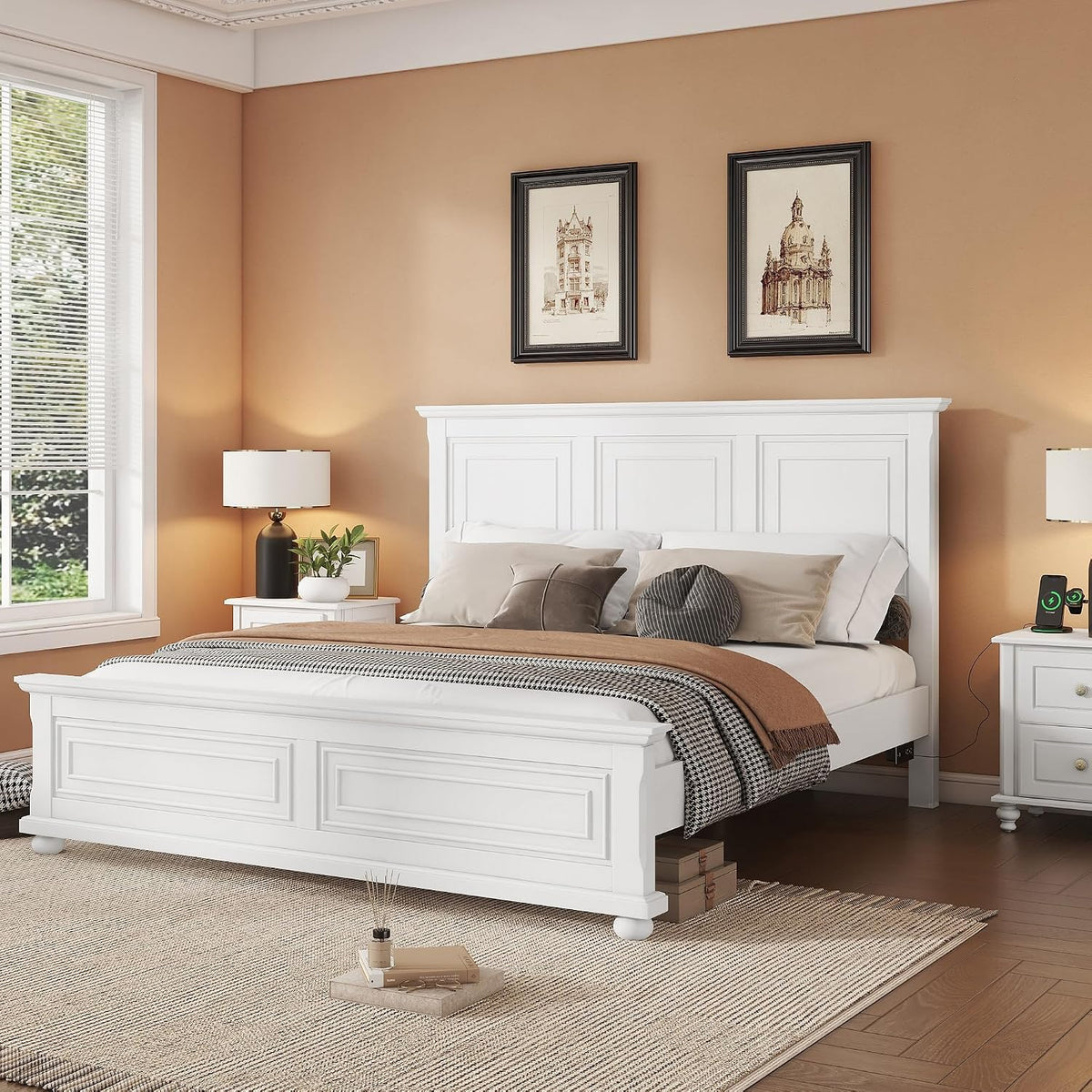 King Size Solid Wood Platform Bed Frame,Wood Bed with USB Charging Station, Solid Wood Leg/No Box Spring Needed/Noise Free/White
