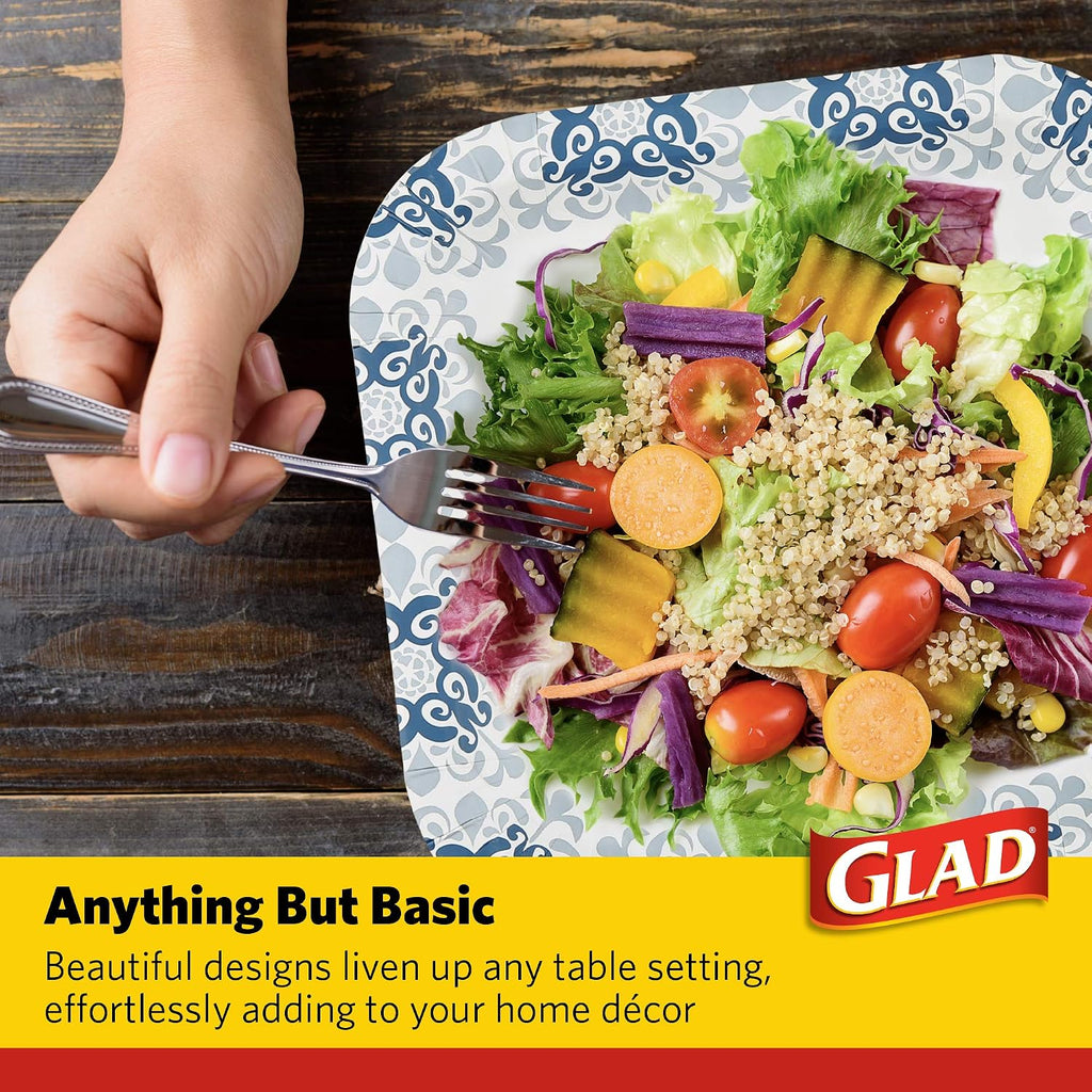 Glad Square Heavy Duty Paper Plates, Soak Proof and Cut Proof Disposable Plates for Parties and Everyday Meals, Microwaveable for Easy Serving, Blue Victorian Pattern, 10 Inch, 50 Count - 12 Pack
