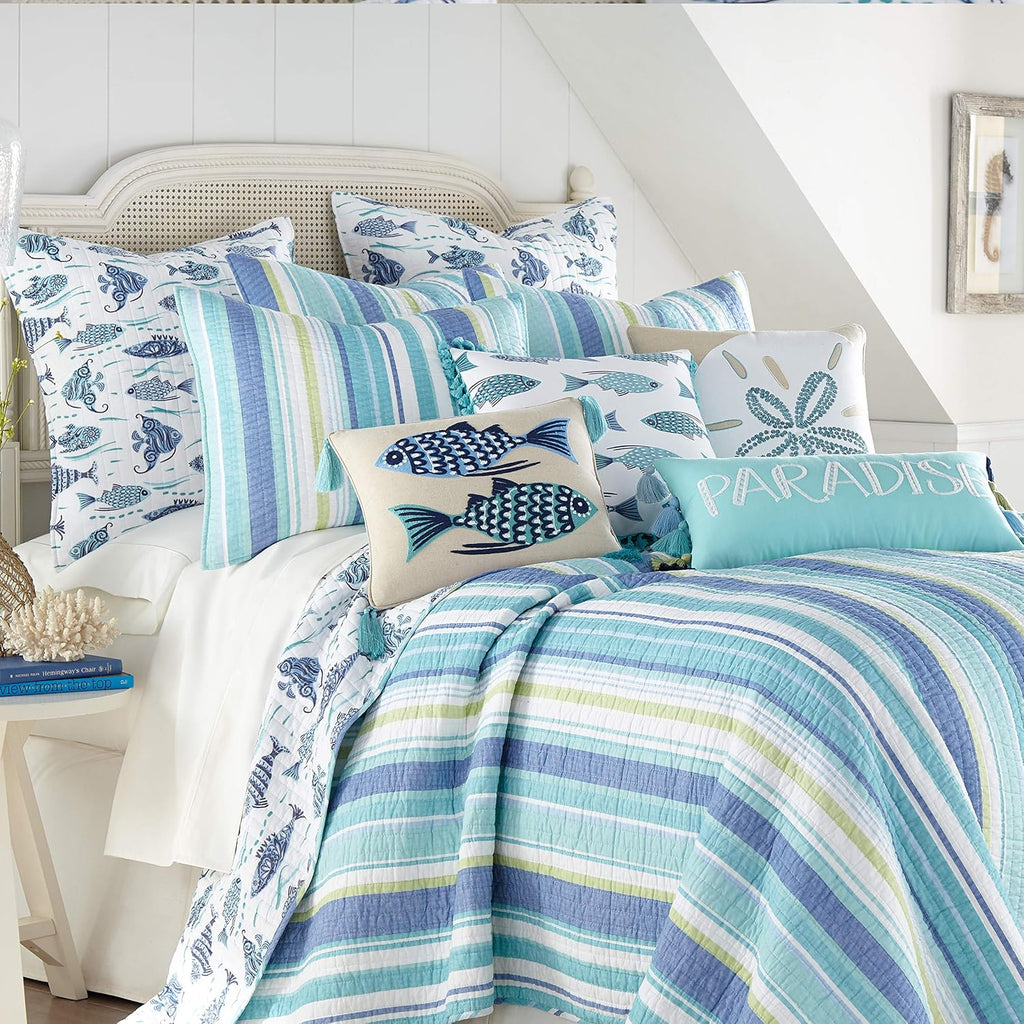 Levtex Home - Laida Beach Quilt Set -Twin Quilt + One Standard Pillow Sham - Coastal Stripe - Green, Blue, White - Quilt Size (68x86in.) and Pillow Sham Size (26x20in.) - Reversible - Cotton