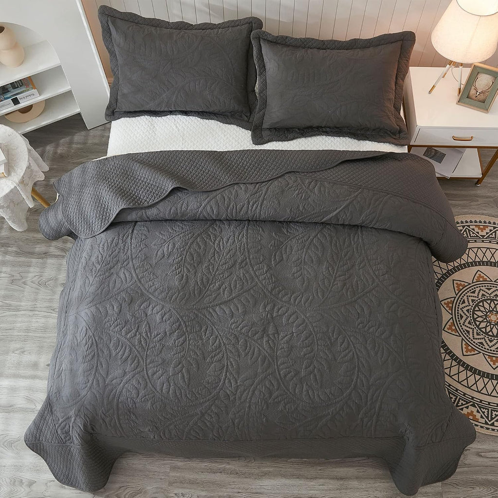 MarCielo 3-Piece 100% Cotton Oversized Bedspread Lightweight Quilt Coverlet Embroidery Farmhouse Bedding Set T0 (Dark Grey, Oversized King (118'x106'))