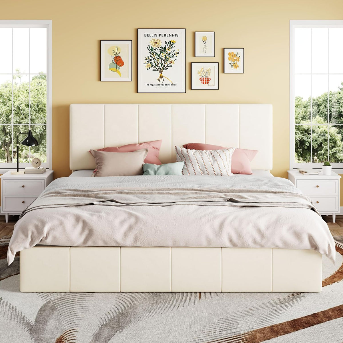 SHA CERLIN King Size Lift Up Storage Bed Frame, Adjustable Headboard, Hydraulic Support, Velvet Upholstered, Easy Installation, No Box Spring Needed, Cream