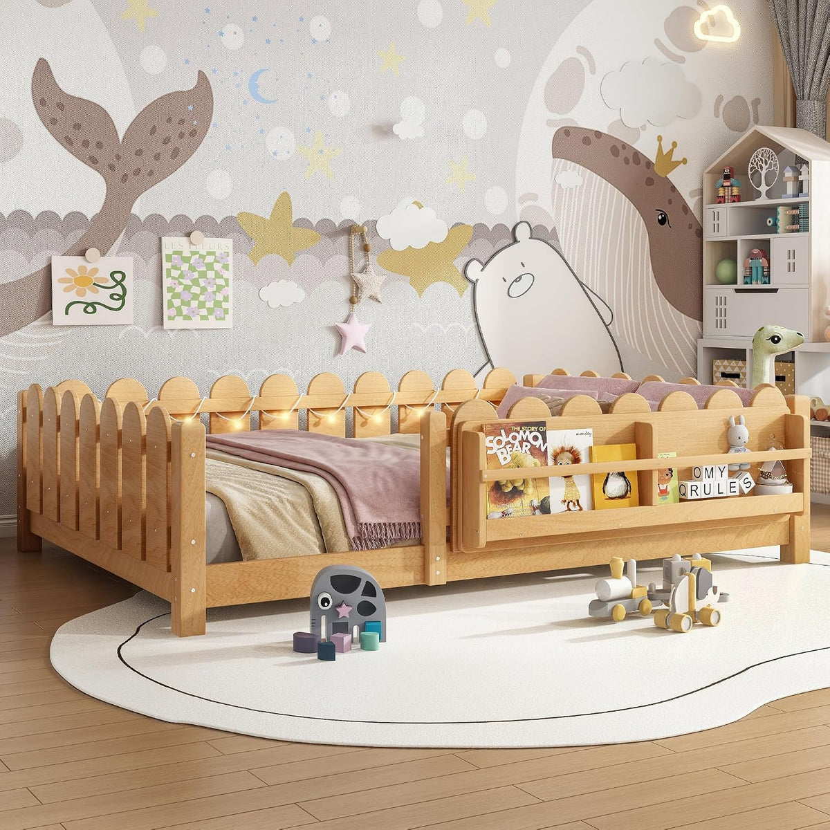 Bellemave Full Size Floor Bed with Rails and Slats, Full Size Montessori Floor Bed with Bookshelf, Fence and Lights, Low Profile Montessori Beds Frame for Girls, Boys, Light Natural
