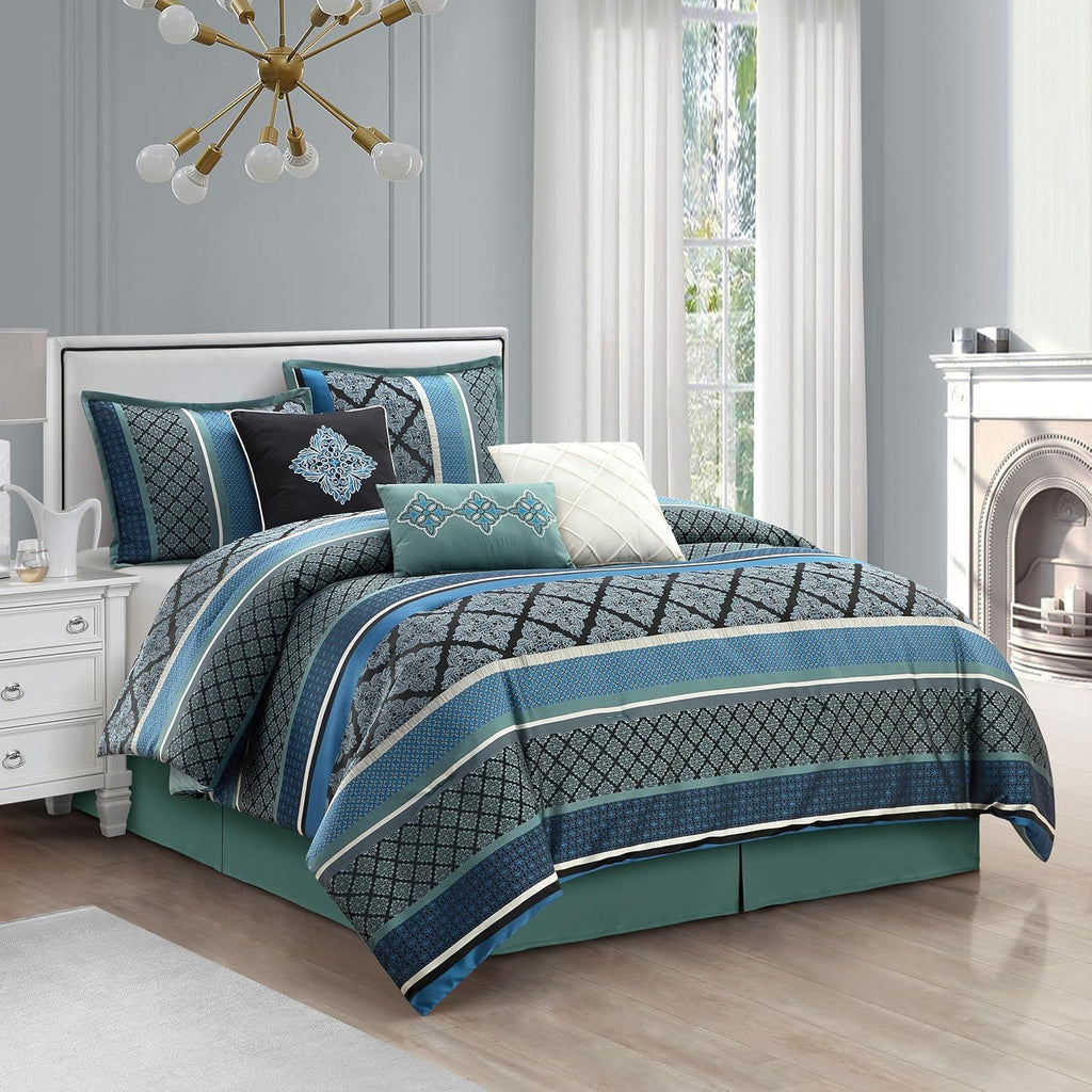 Grand Avenue Blue Geometric California King Comforter Set, 7 Piece, Jacquard All Season Premium Bedding Set, Matching Shams, Bedskirt, Decorative Pillows