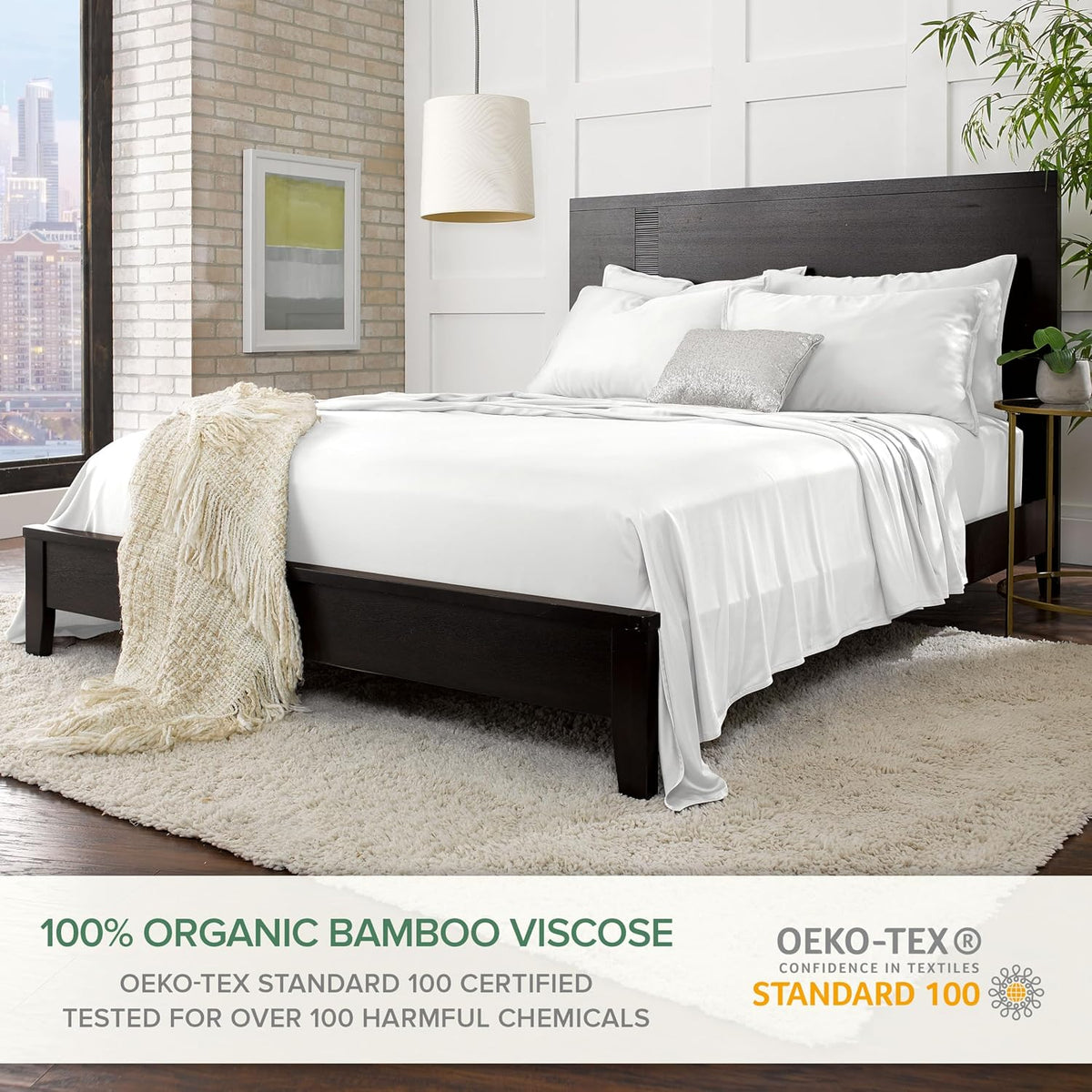 Pure Bamboo Split King Sheets, Genuine 100% Organic Viscose Derived from Bamboo Bed Sheet Set, Soft & Cooling, Double Stitching, 2 Fitted Sheets (Split King, White)