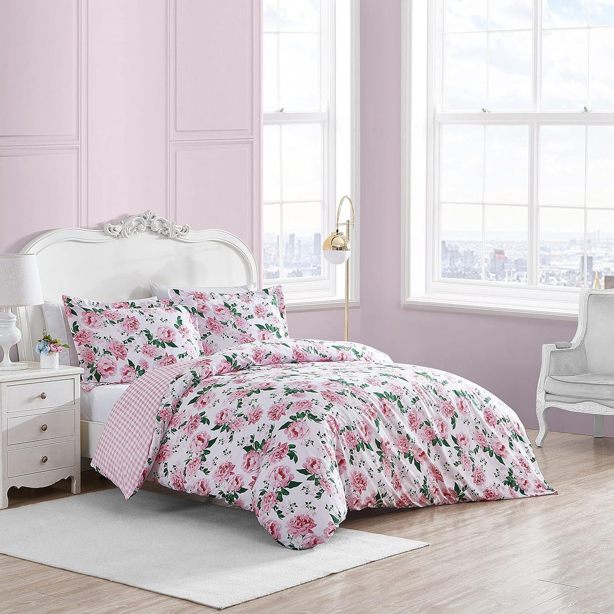 Betsey Johnson - Queen Duvet Cover Set, Reversible Bedding with Matching Shams, Chic Bedding Set (Blooming Roses Pink, Queen)