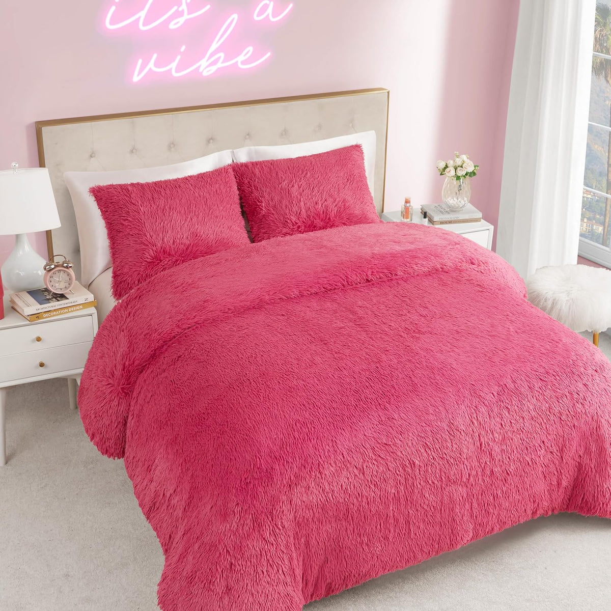Juicy Couture Shaggy Faux Fur Hot Pink Full/Queen Comforter Set - Soft and Cozy 3-Piece Machine Washable Bedding Comforter and Sham Set