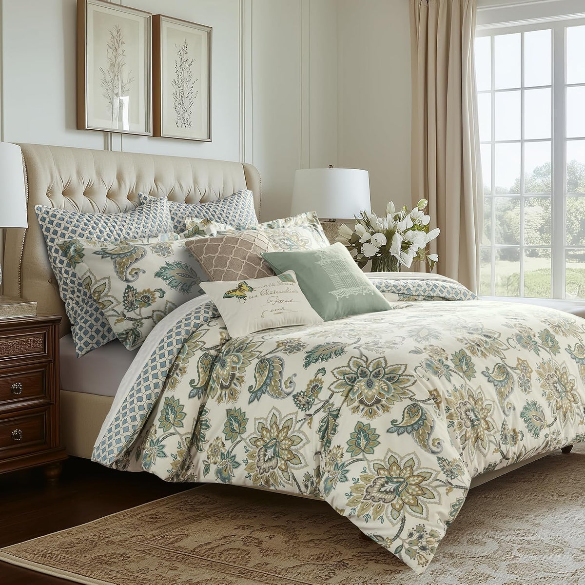 Levtex Home - Grey Palladium Duvet Set - Twin Duvet Cover (68x88in.) + One Standard Pillow Case (26x20in.) - Paisley - Green, Yellow, Grey, Blue and White - Cotton
